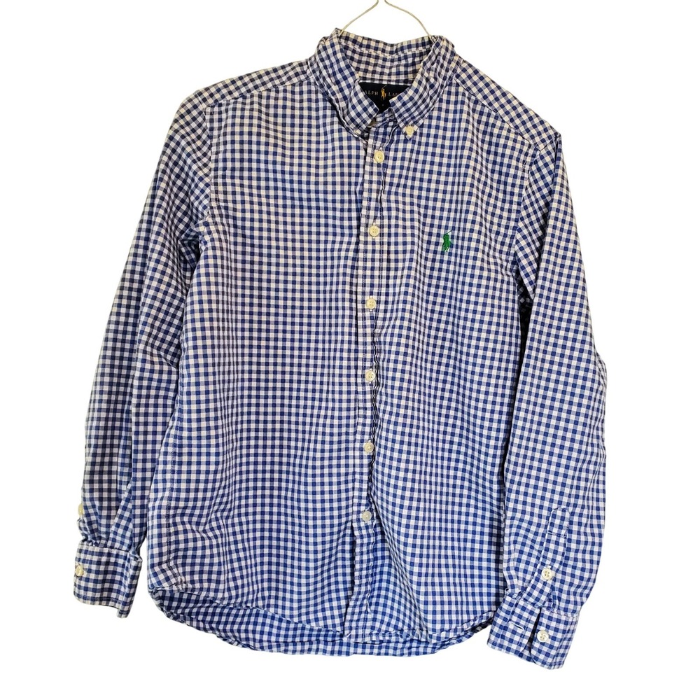 Polo Ralph Lauren Boys L 14-16 Gingham Button Down Shirt Blue White Cotton Pony